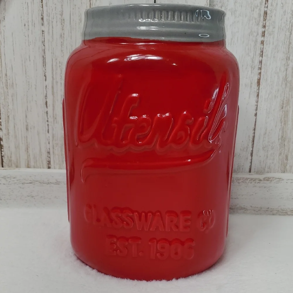 Red Ceramic Mason Jar Utensil Holder for Kitchen Counter Organizer